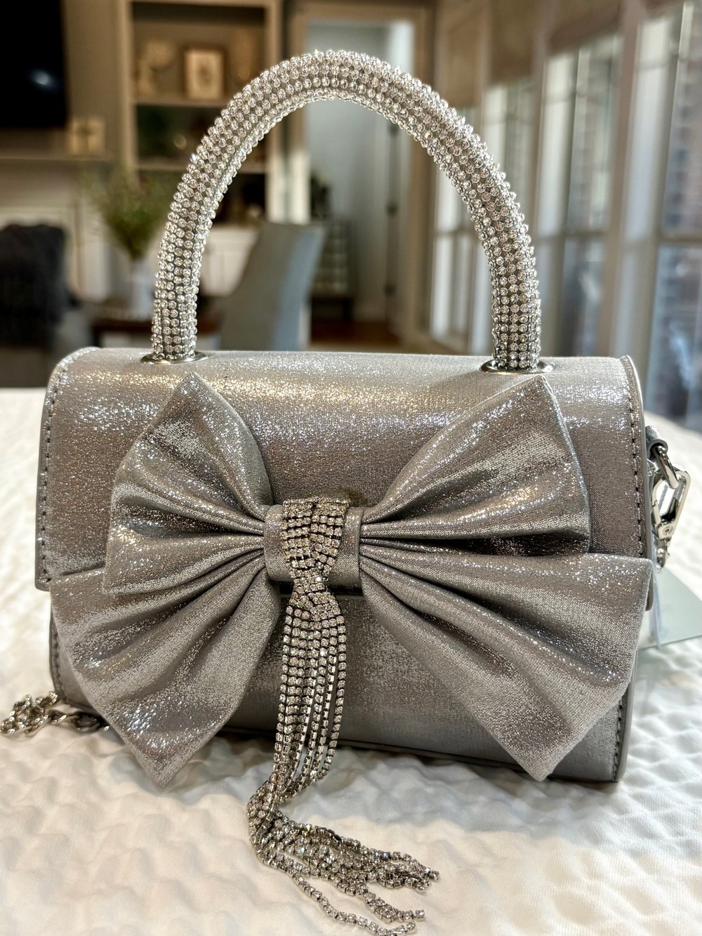 Antonio Melanie Silver Rhinestone Top Handle Evening Bag NWT detachable strap🩶